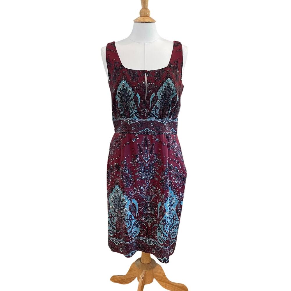 MODA International Burgundy Red Silk Floral Shift Dress, Sleeveless, Size 12
